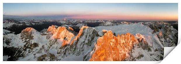 Belvedere Segantini Punta Rolle Aerial Passo Rolle at sunset in Winter Dolomites Italy Print by Sonny Ryse