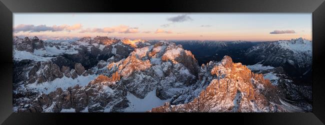 Cadini di Misurina mountains aerial at sunset Dolomiti Italy Framed Print by Sonny Ryse