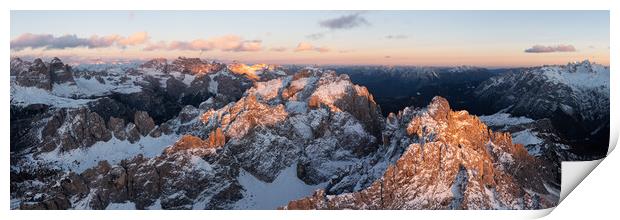 Cadini di Misurina mountains aerial at sunset Dolomiti Italy Print by Sonny Ryse