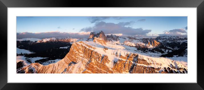 Seceda Alm Ridgeline aerial at sunset in Winter Dolomites Italy Framed Mounted Print by Sonny Ryse