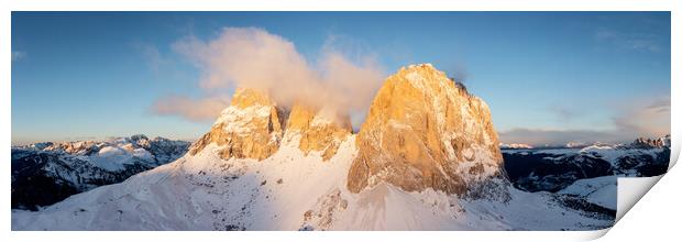 Sassolungo Mountains in the clouds Sella pass Italian Dolomites Print by Sonny Ryse