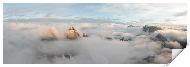 Tre cime di lavaredo aerial above the clouds Italian Dolomites Print by Sonny Ryse