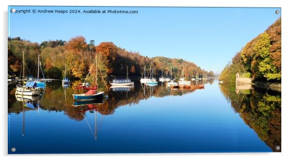 Rudyard lake reservoir reflections on autumnal/winters day. Acrylic by Andrew Heaps