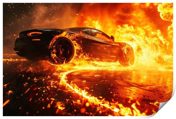 A fast car jumps and a ring of fire. Print by Michael Piepgras