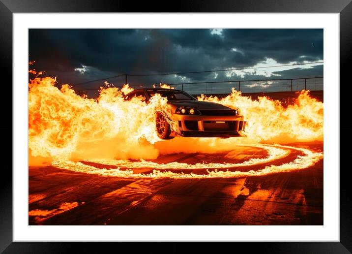 A fast car jumps and a ring of fire. Framed Mounted Print by Michael Piepgras