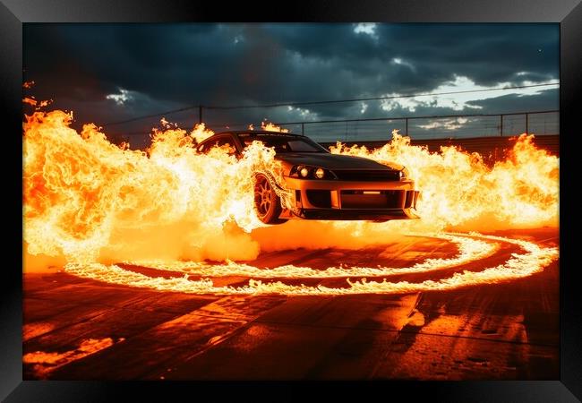 A fast car jumps and a ring of fire. Framed Print by Michael Piepgras