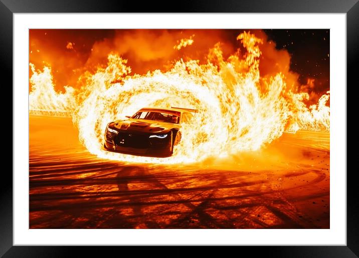 A fast car jumps and a ring of fire. Framed Mounted Print by Michael Piepgras