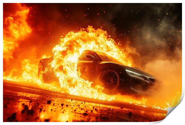 A fast car jumps and a ring of fire. Print by Michael Piepgras