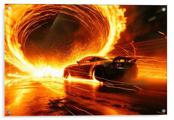 A fast car jumps and a ring of fire. Acrylic by Michael Piepgras