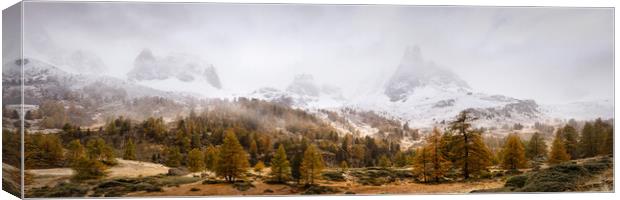Vallée de la Clarée in Autumn with snow and mist France Alps Canvas Print by Sonny Ryse