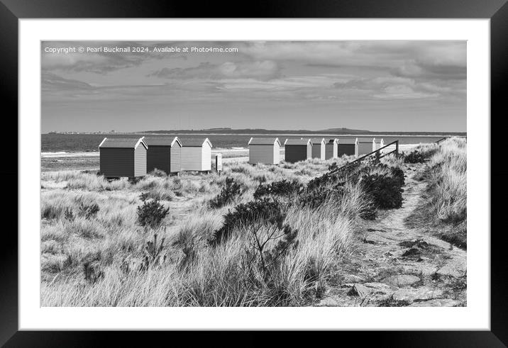 Findhorn Beach Huts Scotland black and white Framed Mounted Print by Pearl Bucknall