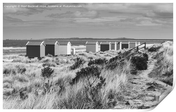 Findhorn Beach Huts Scotland black and white Print by Pearl Bucknall