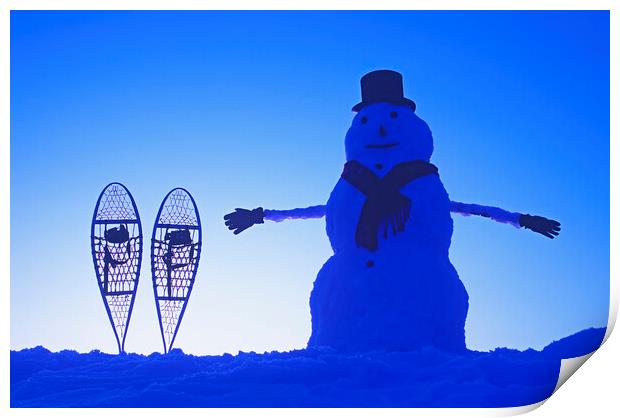 snowman  beside snowshoes Print by Dave Reede