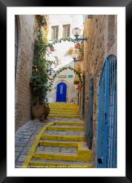 A colourful narrow street and steps in Jaffa Israel Framed Mounted Print by Michael Harper