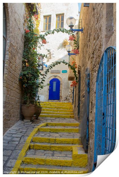 A colourful narrow street and steps in Jaffa Israel Print by Michael Harper