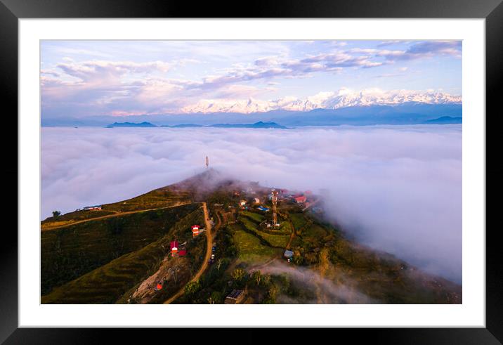 aerial view of sunrise over the foggy during winter season Framed Mounted Print by Ambir Tolang