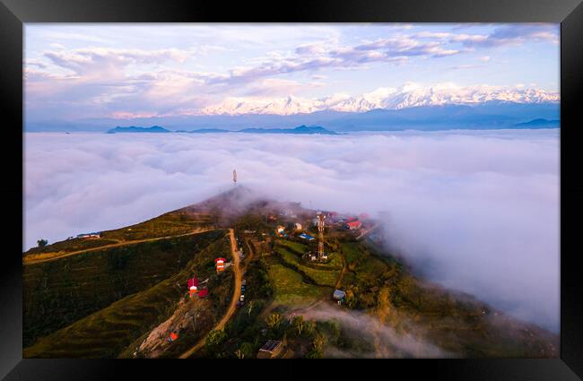 aerial view of sunrise over the foggy during winter season Framed Print by Ambir Tolang