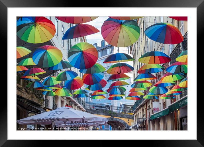 Colourful Umbrella Street in Lisbon Framed Mounted Print by Jim Monk