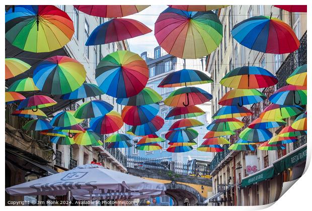 Colourful Umbrella Street in Lisbon Print by Jim Monk