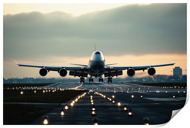 A big passenger jet landing at an airport. Print by Michael Piepgras