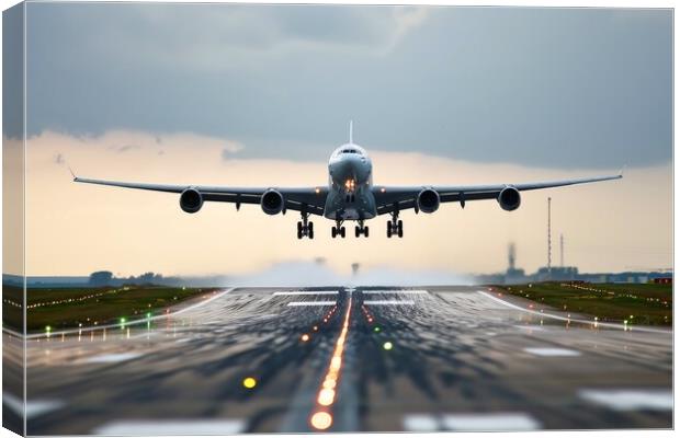 A big passenger jet landing at an airport with heavy wind. Canvas Print by Michael Piepgras