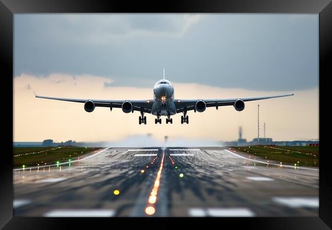 A big passenger jet landing at an airport with heavy wind. Framed Print by Michael Piepgras