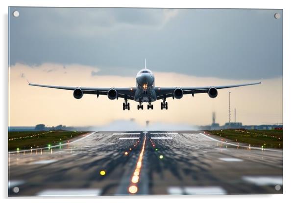 A big passenger jet landing at an airport with heavy wind. Acrylic by Michael Piepgras