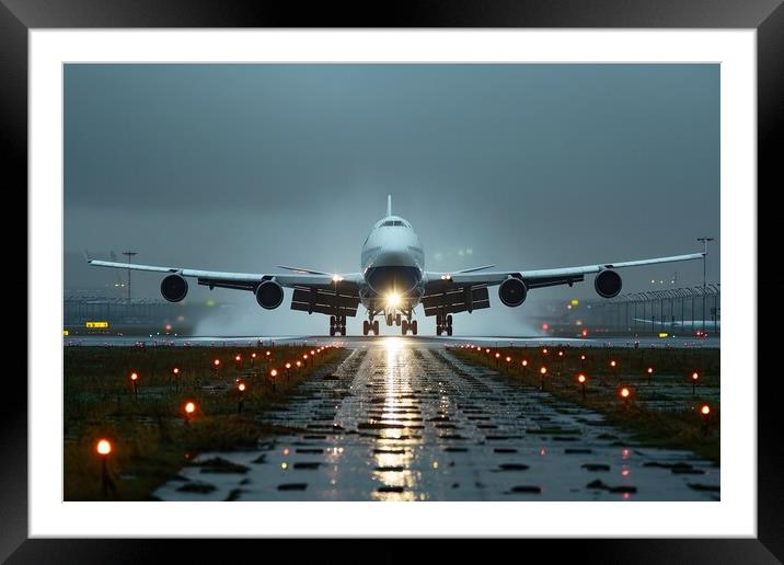A big passenger jet landing at an airport with heavy wind. Framed Mounted Print by Michael Piepgras