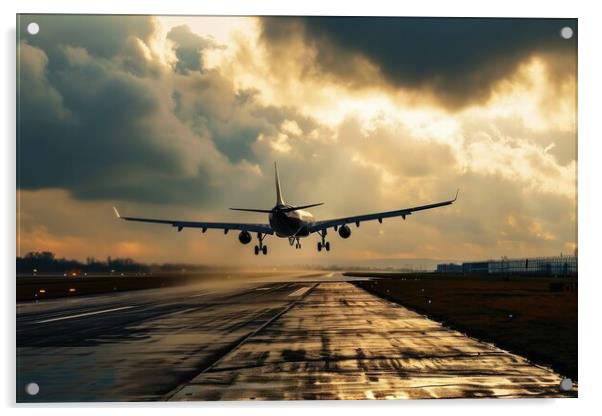 A big passenger jet landing at an airport with heavy wind. Acrylic by Michael Piepgras