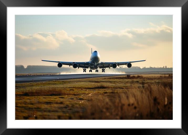A big passenger jet landing at an airport with heavy wind. Framed Mounted Print by Michael Piepgras