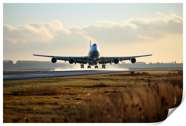 A big passenger jet landing at an airport with heavy wind. Print by Michael Piepgras