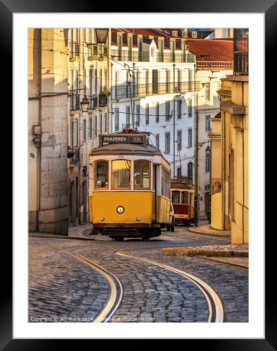 Vintage Yellow Tram in Lisbon Framed Mounted Print by Jim Monk