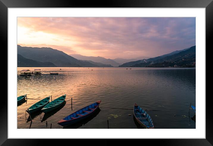Landscape view of Sunset over the phewa lake Framed Mounted Print by Ambir Tolang