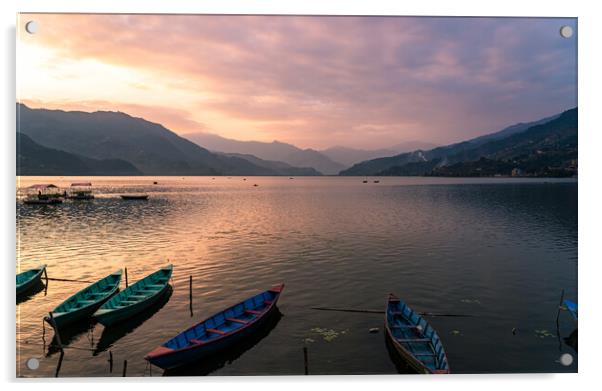 Landscape view of Sunset over the phewa lake Acrylic by Ambir Tolang