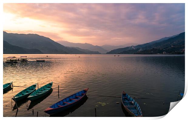 Landscape view of Sunset over the phewa lake Print by Ambir Tolang