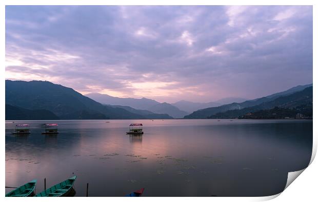 Landscape view of Sunset over the phewa lake Print by Ambir Tolang