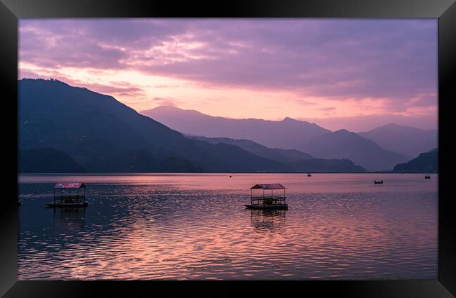 Landscape view of Sunset over the phewa lake Framed Print by Ambir Tolang
