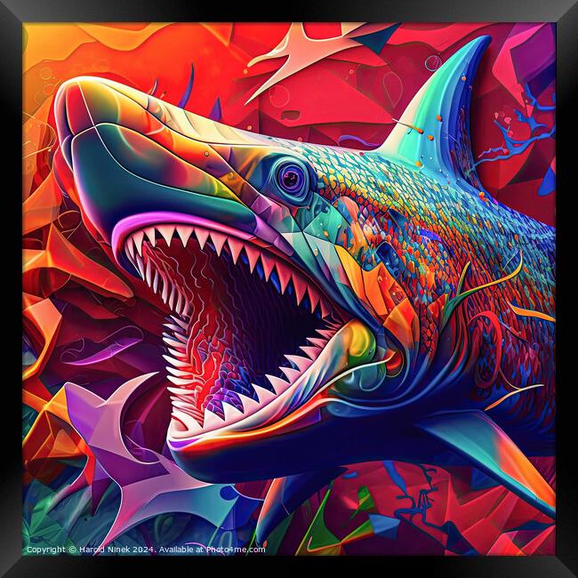 Psychedelic Shark Framed Print by Harold Ninek