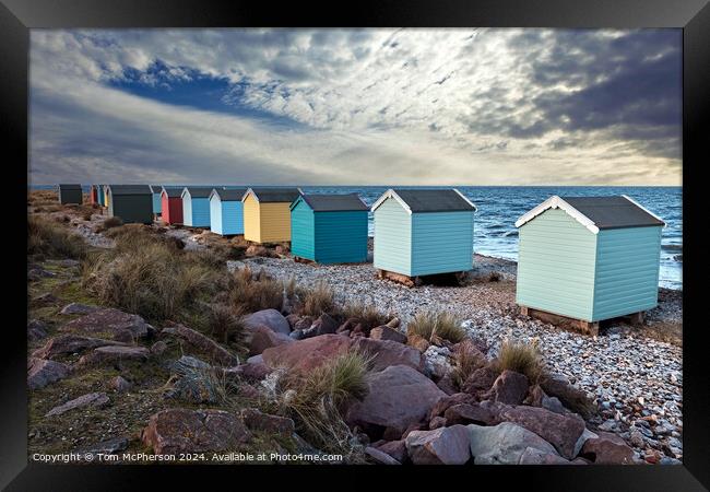 Multi-Coloured Huts on Findhorn Beach Framed Print by Tom McPherson
