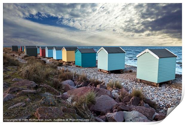 Multi-Coloured Huts on Findhorn Beach Print by Tom McPherson