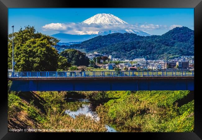 Colorful Small Bridge Mount Fuji Hiratsuka Kanagawa Japan  Framed Print by William Perry