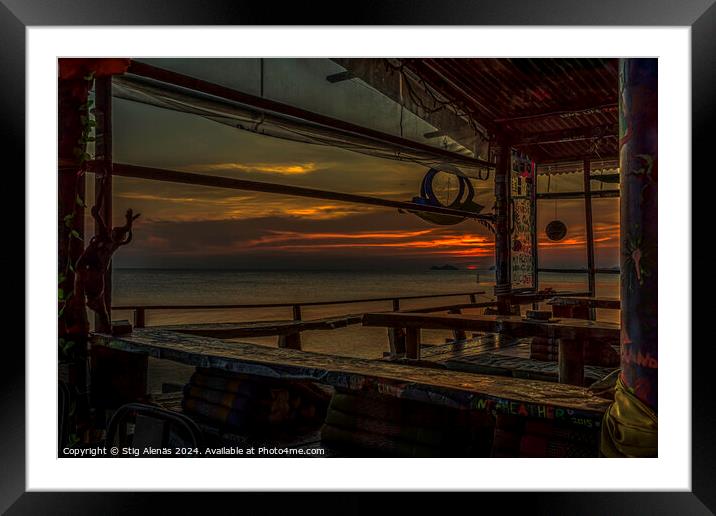 Tropical hippie bar at sunset Framed Mounted Print by Stig Alenäs
