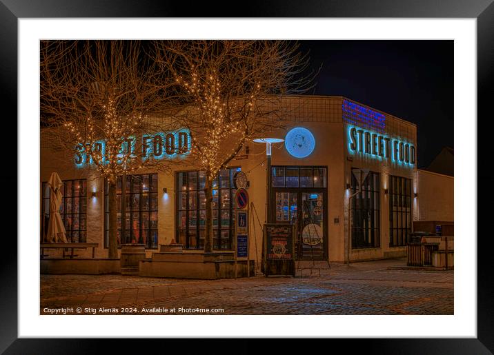 Street Food building in soft light at night in Fredericia Denmark Framed Mounted Print by Stig Alenäs