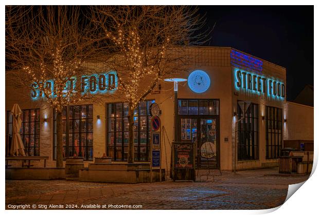 Street Food building in soft light at night in Fredericia Denmark Print by Stig Alenäs