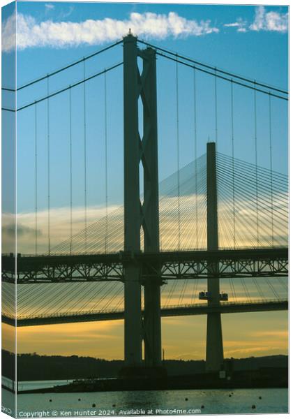 The Two Forth Road Bridge Towers at Sunset Canvas Print by Ken Hunter