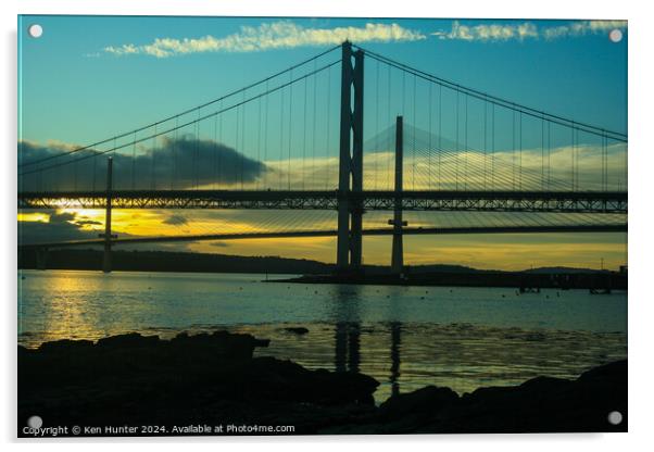 Sunset Behind the Forth Road Bridges Acrylic by Ken Hunter