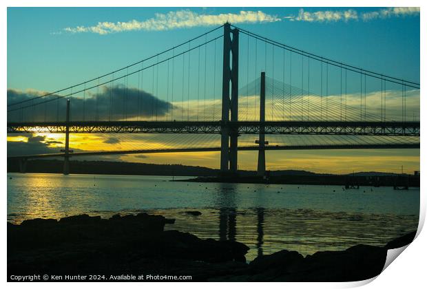 Sunset Behind the Forth Road Bridges Print by Ken Hunter