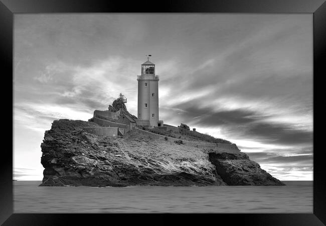 Godrevy Lighthouse Cornwall BW Framed Print by Alison Chambers
