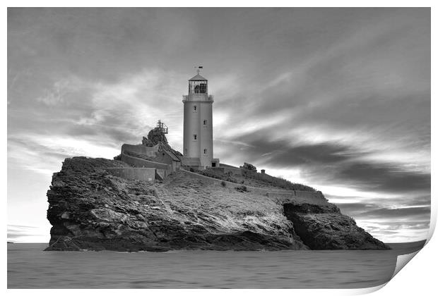 Godrevy Lighthouse Cornwall BW Print by Alison Chambers