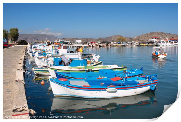 Colourful Fishing Boats in Elounda Harbour Print by Kasia Design